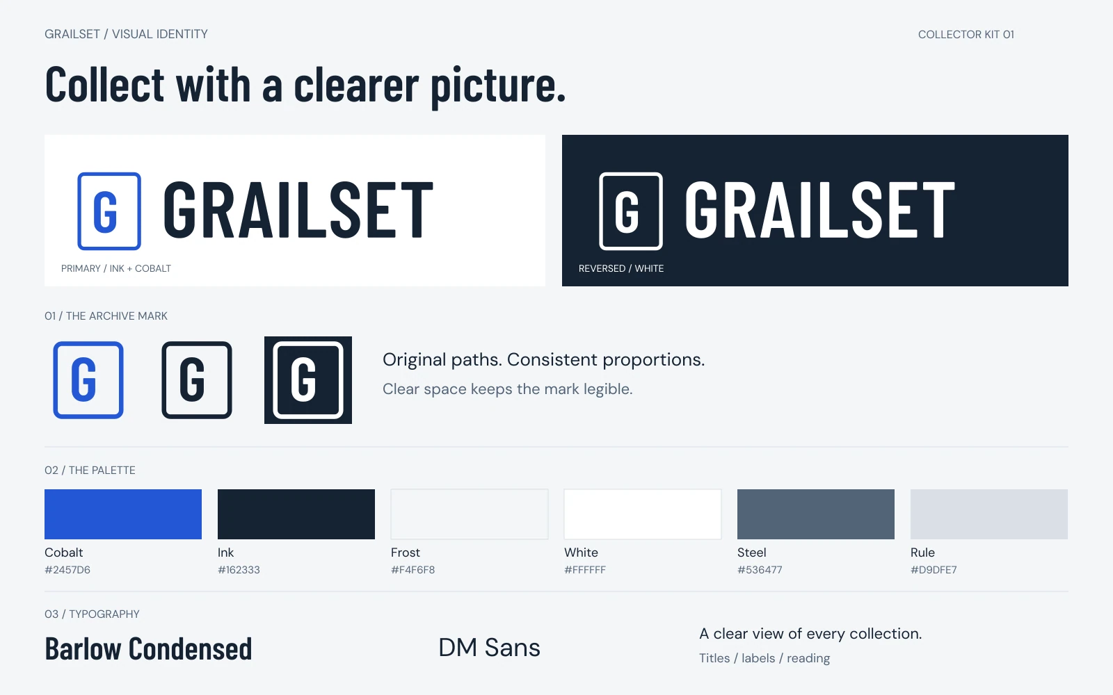 Grailset visual identity board with light and reversed logos, three archive marks, six color swatches, and Barlow Condensed and DM Sans specimens.