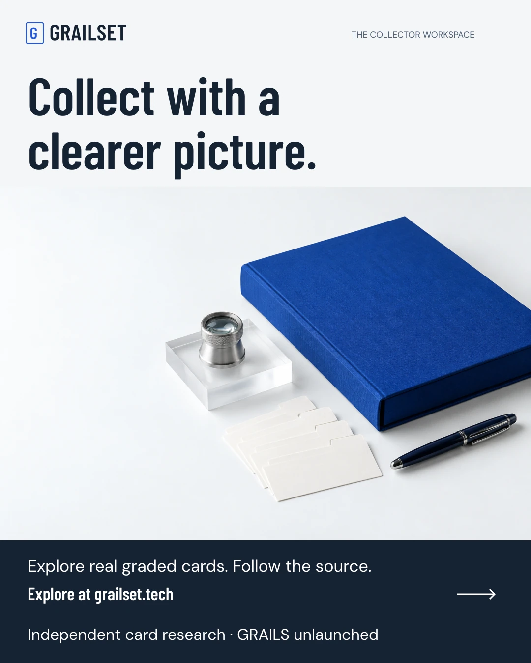 Grailset portrait campaign with a cobalt archival binder and collector research tools