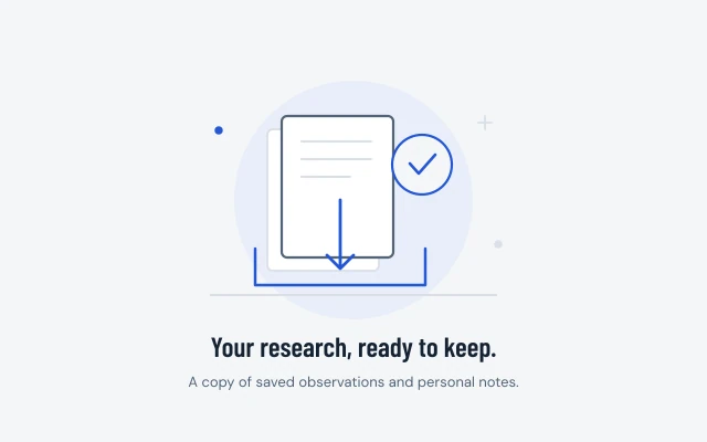 Research pages move into an archive tray, with a small checkmark indicating a local research export is ready.